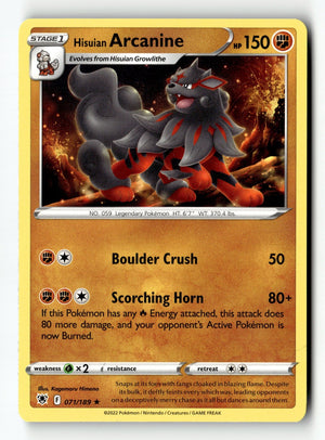 Pokemon Card Hisuian Arcanine LP SWSH10: Astral Radiance 071/189