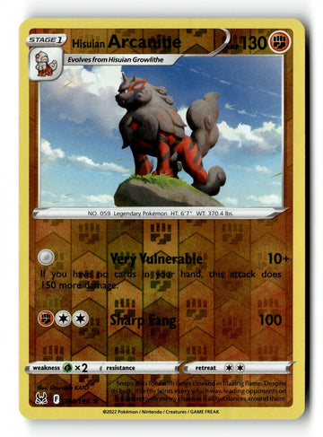 Pokemon Card Hisuian Arcanine Reverse Holo LP SWSH11: Lost Origin 084/196