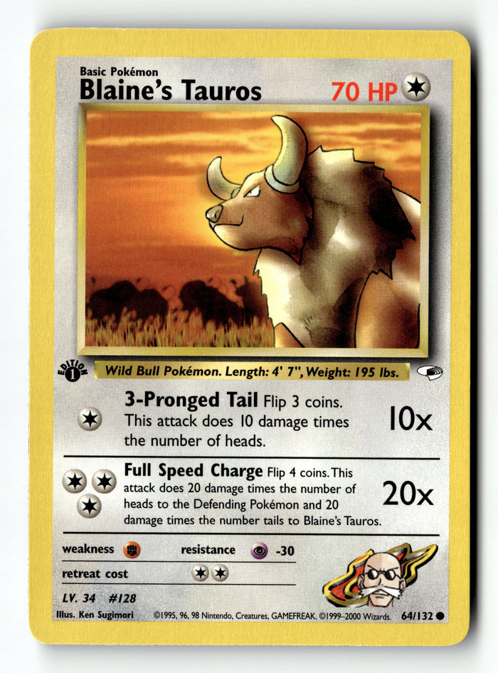 Pokemon Card Blaine's Tauros 1st Edition LP Gym Heroes 064/132