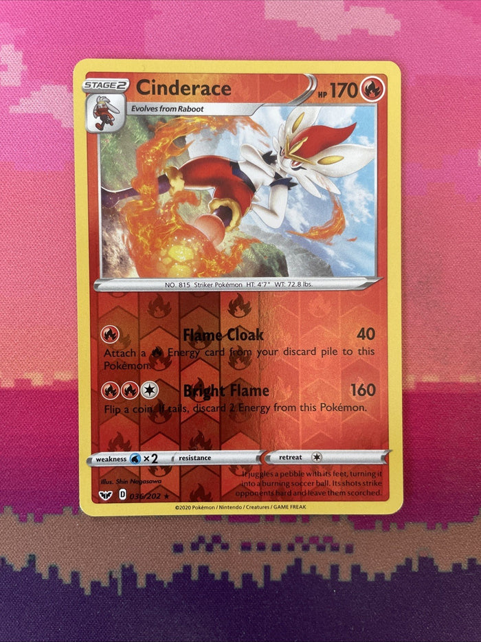 Pokemon Card Cinderace Sword & Shield Reverse Holo Rare 036/202 Near Mint