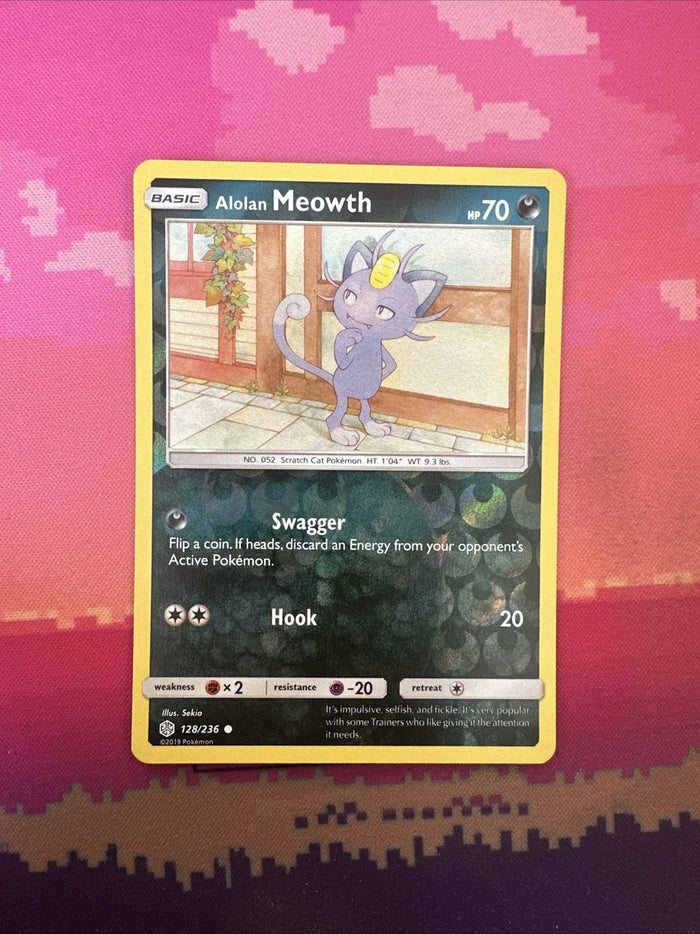 Pokemon Card Alolan Meowth Cosmic Eclipse Reverse Holo 128/236 Near Mint
