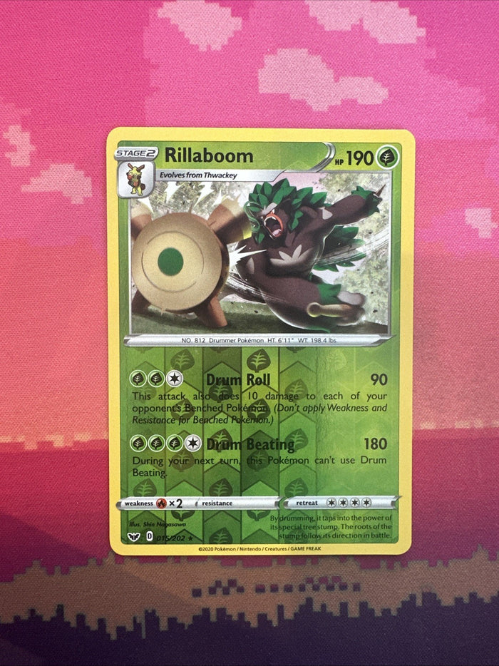 Pokemon Card Rillaboom Sword & Shield Reverse Holo Rare 015/202 Near Mint