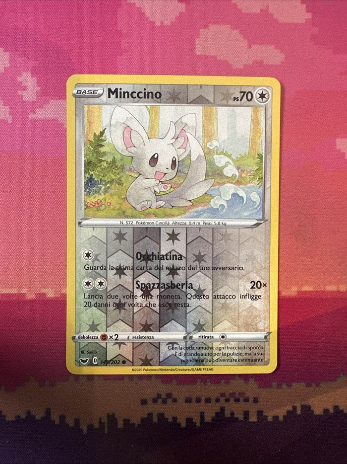 Pokemon Card Minccino Sword & Shield Reverse Holo 145/202 Near Mint