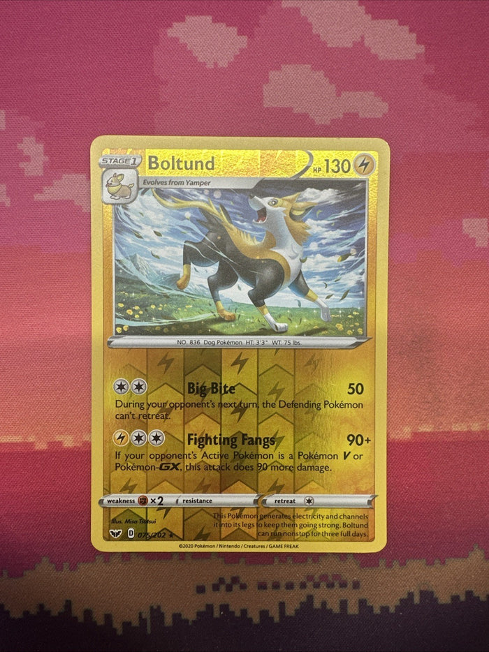 Pokemon Card Boltund Sword & Shield Reverse Holo Rare 075/202 Near Mint