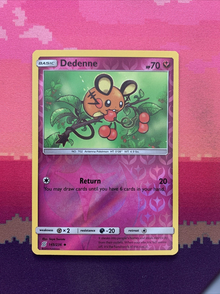 Pokemon Card Dedenne Unified Minds Reverse Holo 145/236 Near Mint