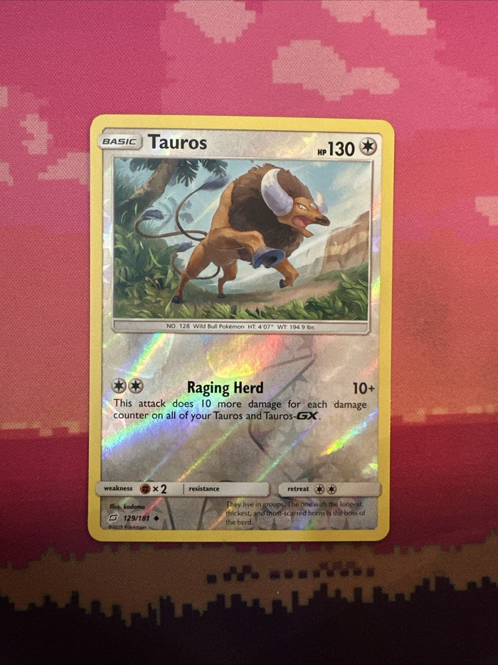 Pokemon Card Tauros Team Up Reverse Holo 129/181 Near Mint