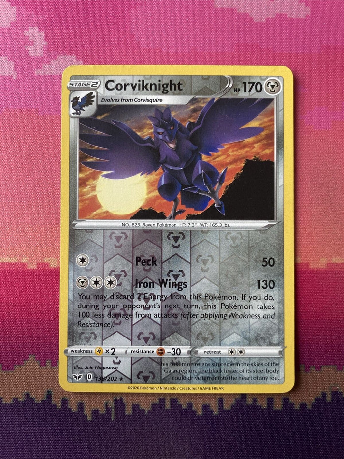 Pokemon Card Corviknight Sword & Shield Reverse Holo Rare 135/202 Near Mint