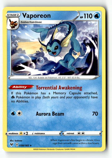 Pokemon Card Vaporeon Vivid Voltage Rare LP 30/185