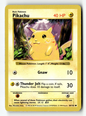 Pokemon Card Pikachu (Yellow Cheeks) Unlimited LP Base Set (Shadowless) 058/102
