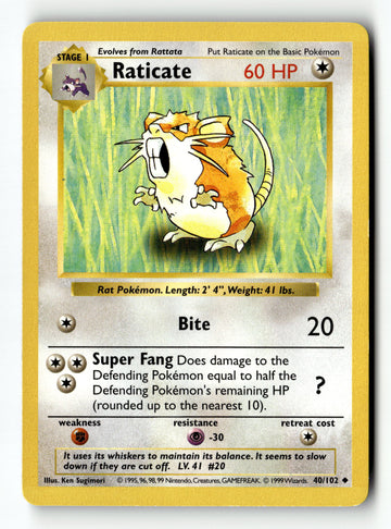 Pokemon Card Raticate Unlimited LP Base Set (Shadowless) 040/102