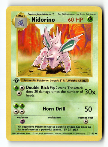 Pokemon Card Nidorino 1st Edition LP Base Set (Shadowless) 37/102