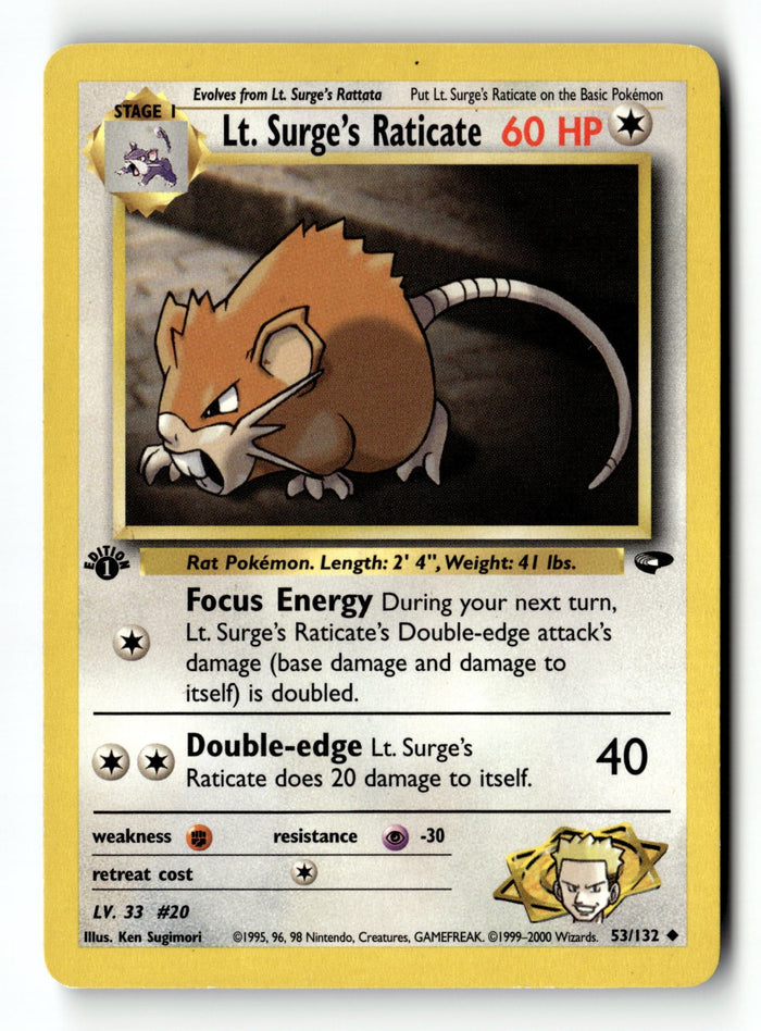 Pokemon Card Lt. Surge's Raticate 1st Edition LP Gym Challenge 053/132