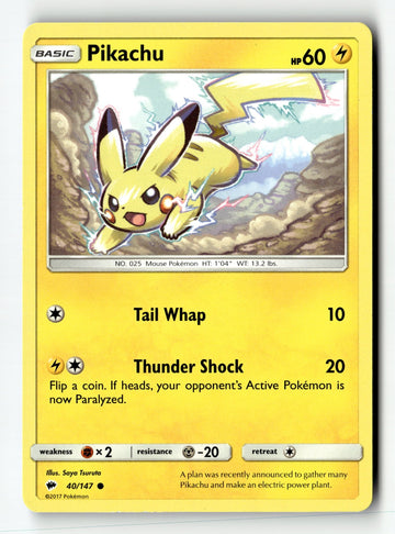 Pokemon Card Pikachu LP SM - Burning Shadows 40/147