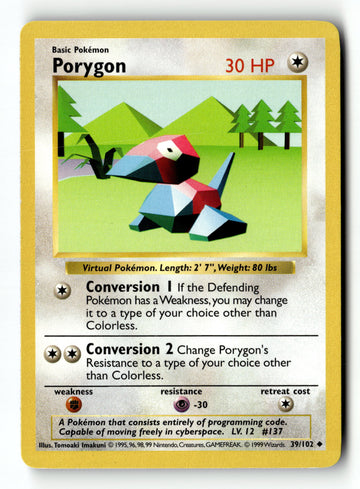 Pokemon Card Porygon Unlimited LP Base Set (Shadowless) 039/102