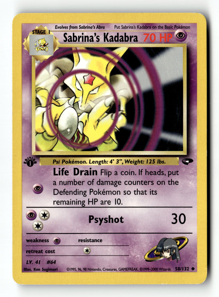 Pokemon Card Sabrina's Kadabra 1st Edition LP Gym Challenge 058/132