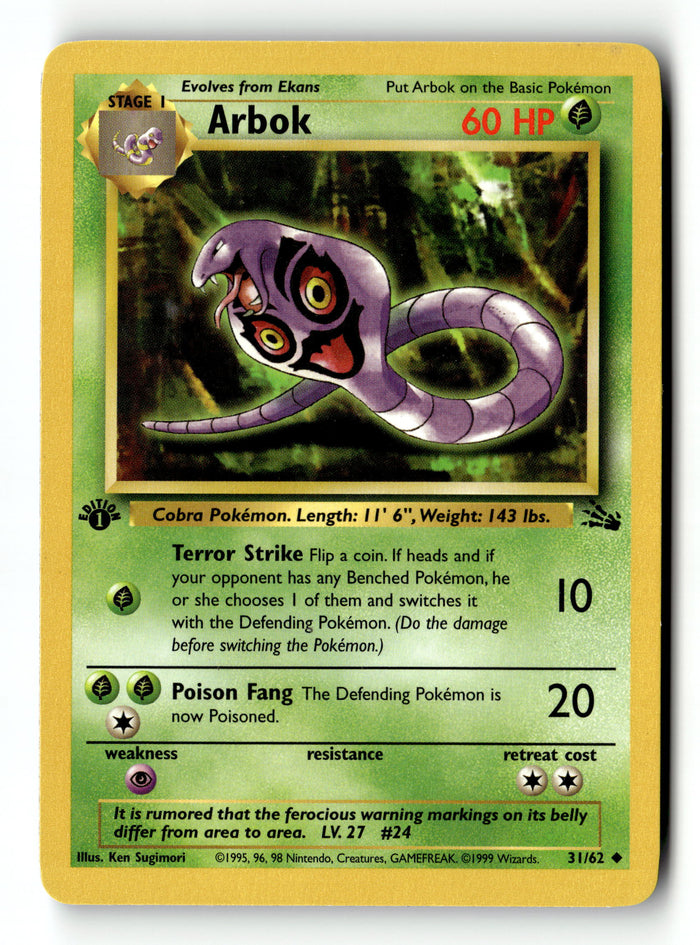 Pokemon Card Arbok LP Fossil 1st Edition Uncommon 31/62