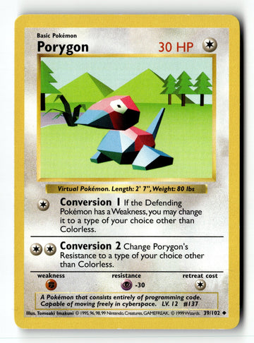 Pokemon Card Porygon Unlimited LP Base Set (Shadowless) 039/102