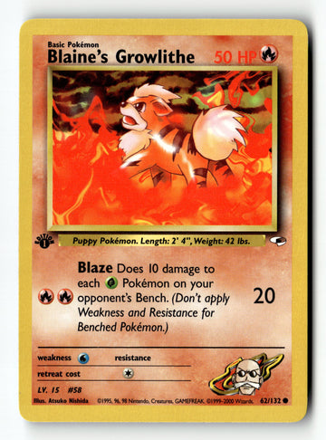 Pokemon Card Blaine's Growlithe 1st Edition LP Gym Challenge 062/132