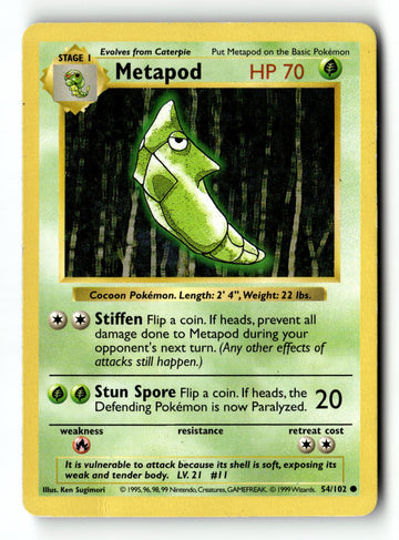 Pokemon Card Metapod Unlimited LP Base Set (Shadowless) 054/102