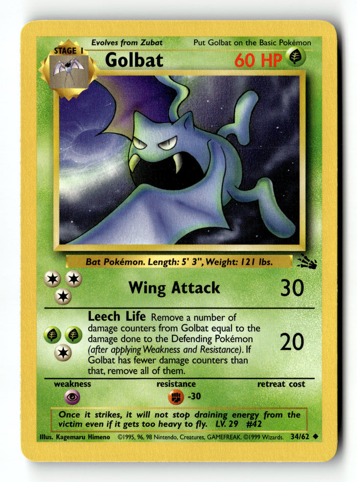 Pokemon Card Golbat Unlimited LP Fossil 34/62