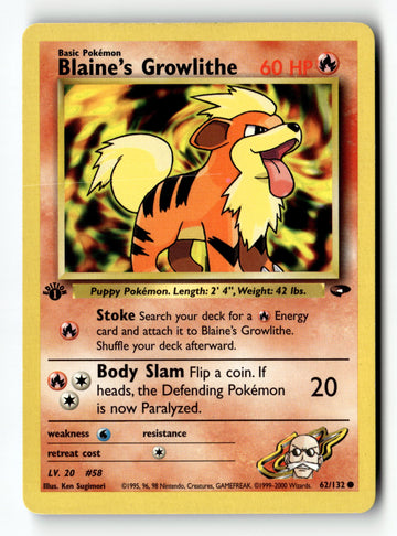 Pokemon Card Blaine's Growlithe 1st Edition LP Gym Challenge 62/132