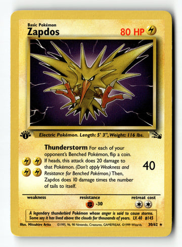 Pokemon Card Zapdos (30) 1st Edition LP Fossil 30/62