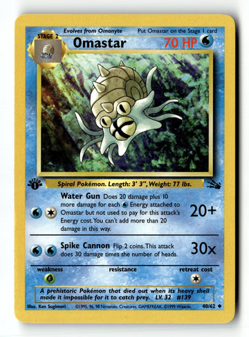 Pokemon Card Omastar 1st Edition LP Fossil 40/62