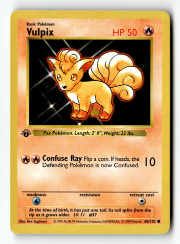 Pokemon Card Vulpix LP 1st Edition Base Set Shadowless 068/102