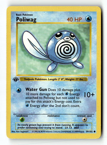 Pokemon Card Poliwag 1st Edition LP Base Set (Shadowless) 059/102