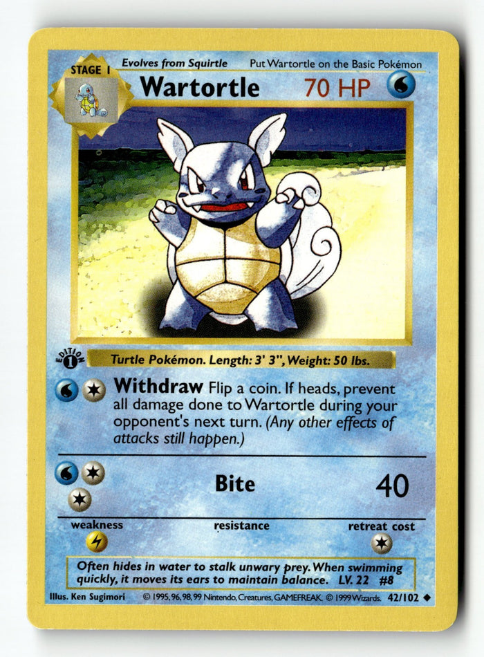 Pokemon Card Wartortle Shadowless 1st Edition Base Set Uncommon 42/102 Light Pla