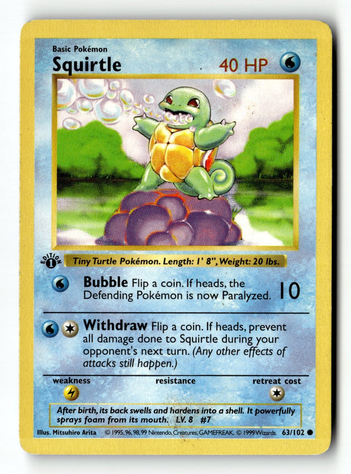 Pokemon Card Squirtle Shadowless 1st Edition Base Set Common 63/102 Light Play