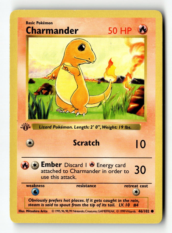 Pokemon Card Charmander Shadowless 1st Edition Base Set 46/102 Light Play (1)