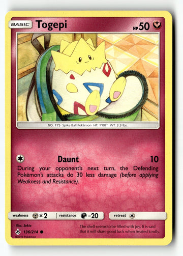 Pokemon Card Togepi LP SM - Unbroken Bonds 136/214