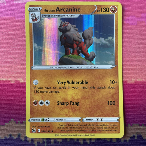 Pokemon Card Hisuan Arcanine Lost Origin Holo Rare 084/196 NM