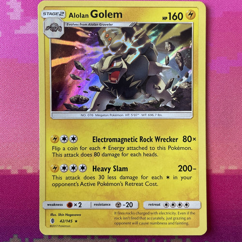 Pokemon Card Alolan Golem Guardians Rising Holo Rare 42/145 Near Mint