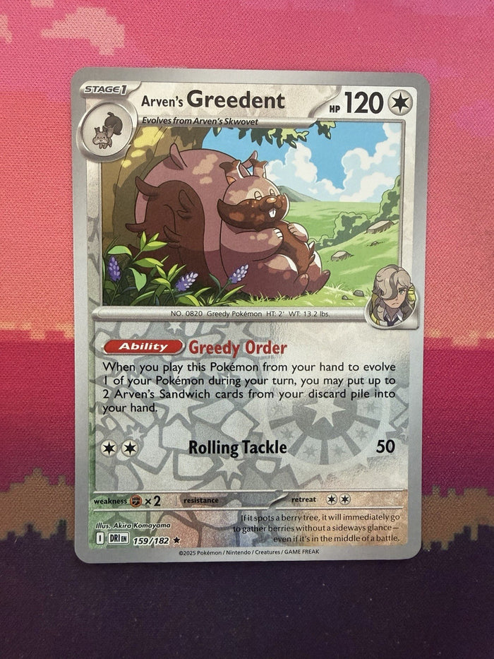 Pokemon Card Arven's Greedent Destined Rivals Reverse Holo 159/182 Near Mint