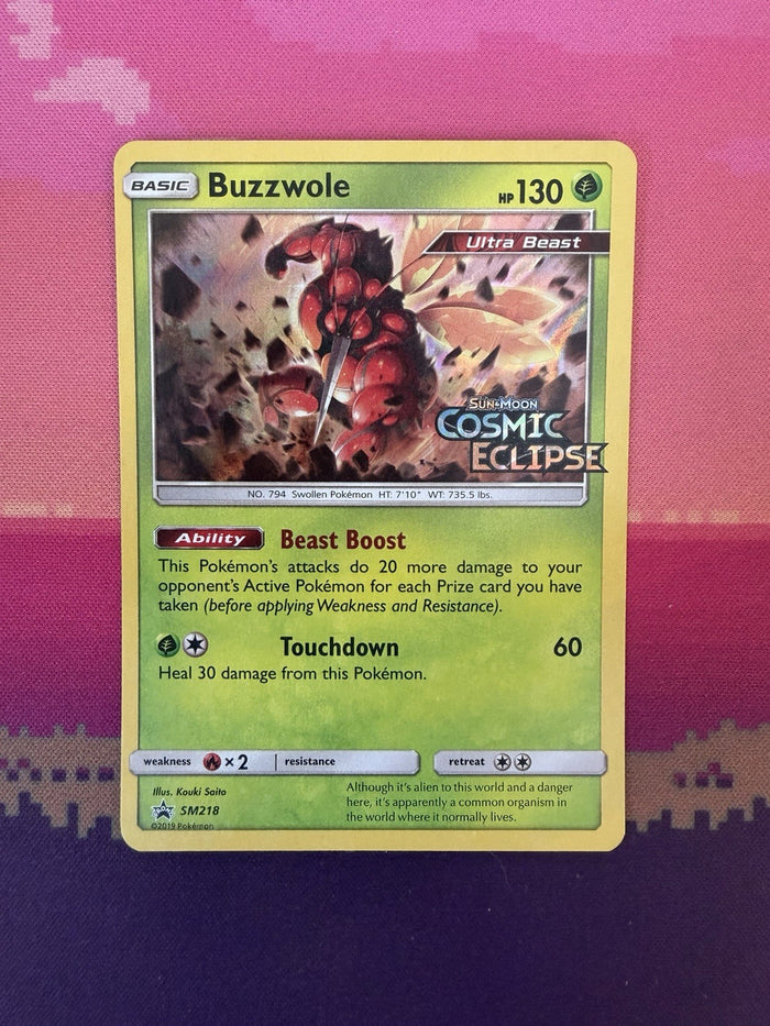 Pokemon Card Buzzwole SM218 Black Star Promo Cosmic Eclipse STAMPED Near Mint