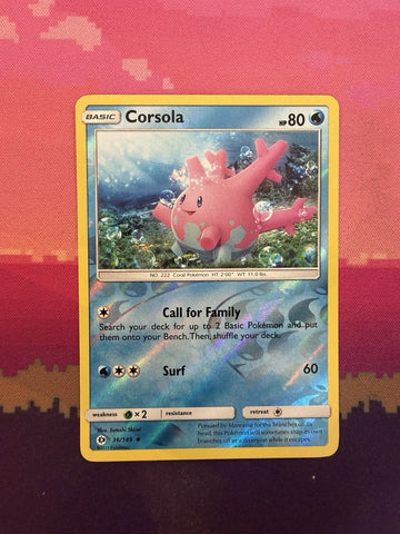 Pokemon Card Corsola Sun & Moon Reverse Holo 36/149 Uncommon Near Mint