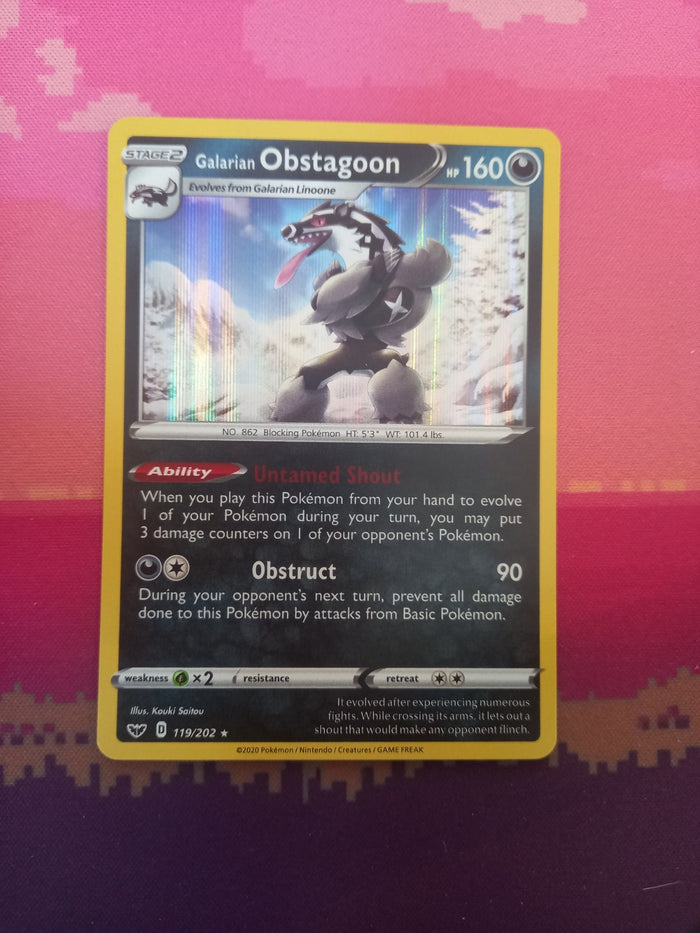 Pokemon Card Galarian Obstagoon Sword & Shield Holo 119/202 Near Mint