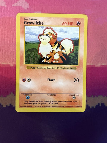 Pokemon Card Growlithe Base Set SHADOWLESS Uncommon 28/102 Near Mint