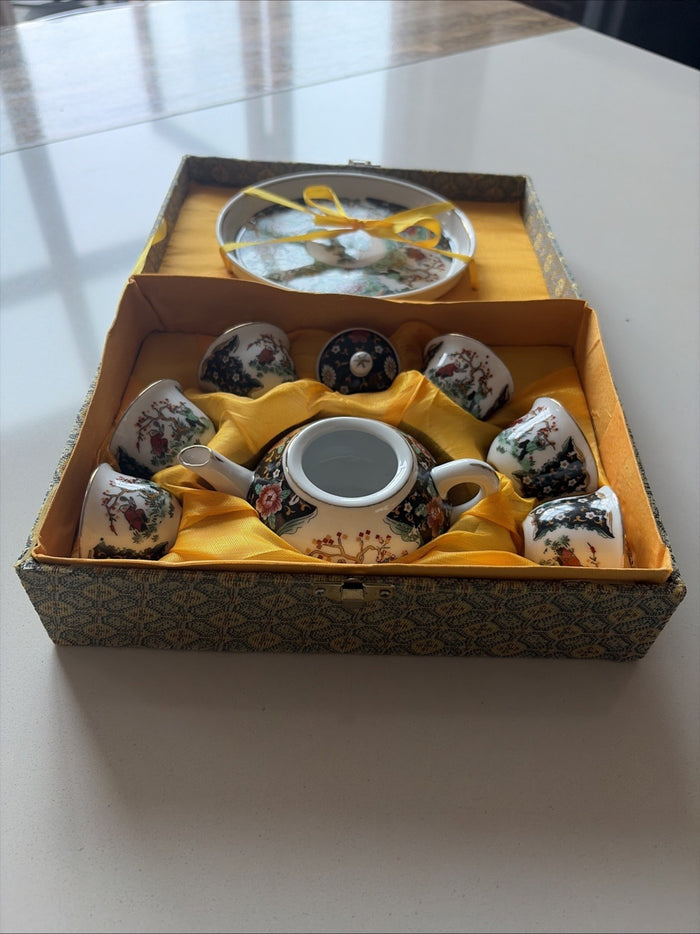 Vintage Chinese Porcelain Miniature Tea Set Hand Painted In Original Silk Box