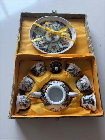 Vintage Chinese Porcelain Miniature Tea Set Hand Painted In Original Silk Box (back)
