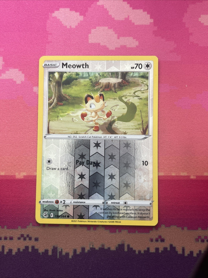 Pokemon Card Meowth Fusion Strike Reverse Holo 199/264 Near Mint