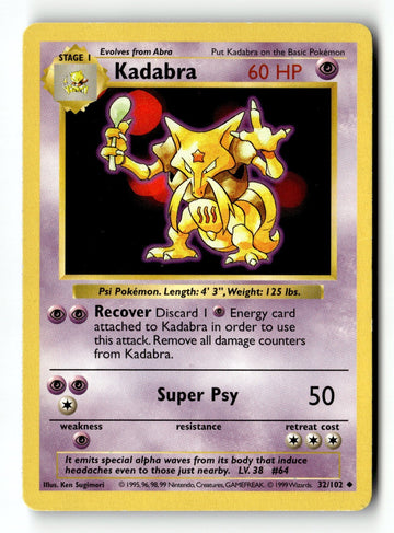 Pokemon Card Kadabra Unlimited LP Base Set Shadowless 032/102