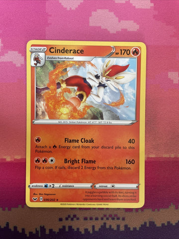 Pokemon Card Cinderace Sword & Shield Rare 036/202 Near Mint