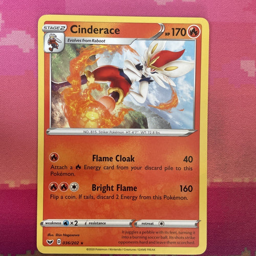 Pokemon Card Cinderace Sword & Shield Rare 036/202 Near Mint