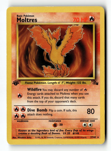 Pokemon Card Moltres (27) 1st Edition LP Fossil 27/62