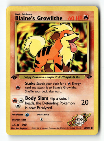 Pokemon Card Blaine's Growlithe 1st Edition LP Gym Challenge 062/132