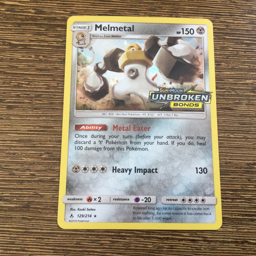 Pokemon Card MELMETAL 129/214 Unbroken Bonds Logo Stamped Promo