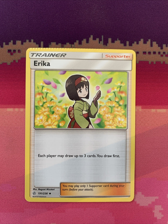 Pokemon Card Erika Cosmic Eclipse Uncommon 191/236 CRIMPED Near Mint
